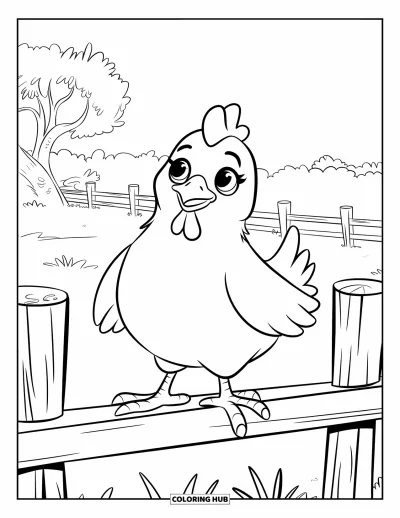 Coloriage de poulet pour enfants : Un poulet jovial aux grands yeux debout sur une clôture dans un champ verdoyant
