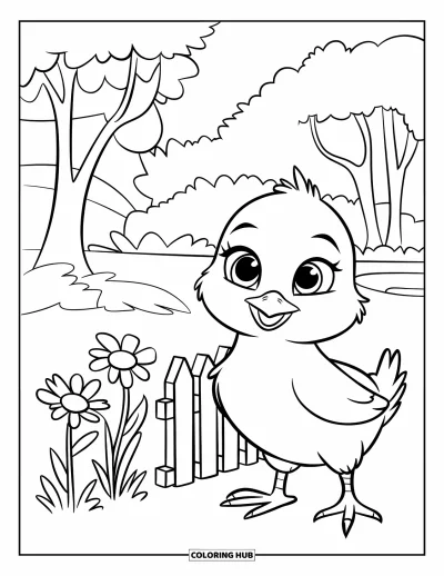 Coloriage de poulet pour enfants : Un poussin près d'une clôture et des fleurs sauvages avec un arbre en fond