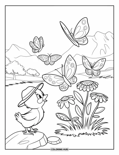 Coloriage de poulet pour enfants : Un poussin coiffé d'un chapeau qui regarde des papillons voler au-dessus de fleurs à motifs