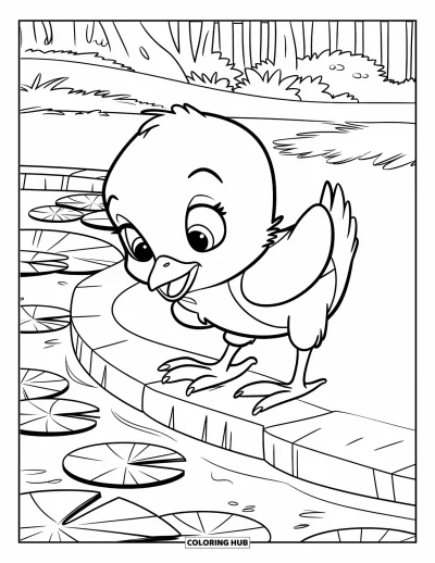 Coloriage de poulet pour enfants : Un poussin en chemise debout au bord d'un étang avec un chemin et des arbres
