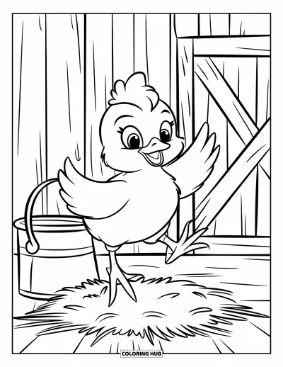 Coloriage de poulet pour enfants : Un poussin qui saute sur de la paille à côté d'un seau à la ferme