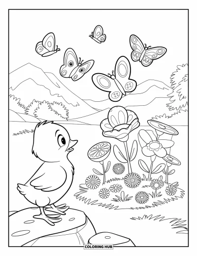 Coloriage de poulet pour enfants : Un poussin sur un rocher qui regarde des papillons voleter au-dessus de fleurs