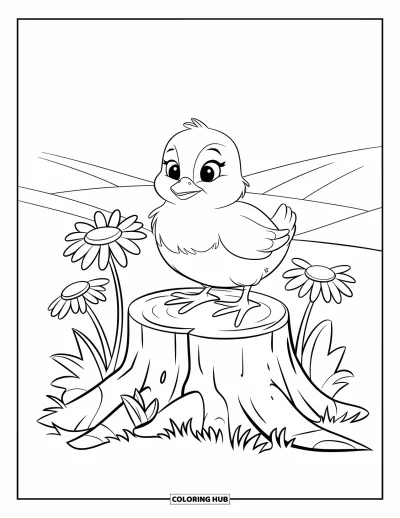 Coloriage de poulet pour enfants : Un poussin sur une vieille souche entourée de marguerites et de collines