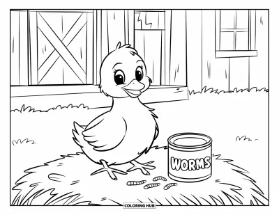 Coloriage de poulet pour enfants : Un poussin assis sur une botte de foin avec une boîte de vers à proximité