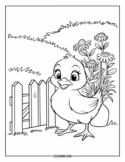 Coloriage de poulet pour enfants : Un poussin près d'une petite clôture et des fleurs sauvages dans un pré verdoyant