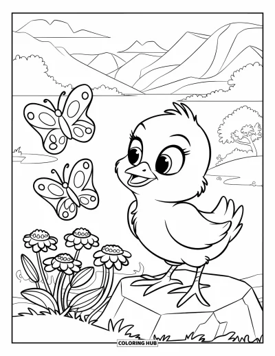 Coloriage de poulet pour enfants : Un poussin qui observe des papillons voler au-dessus d'un parterre de fleurs