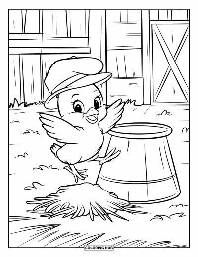 Coloriage de poulet pour enfants : Un poussin coiffé d'un chapeau qui saute sur de la paille près d'une porte de grange