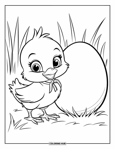 Coloriage de poulet pour enfants : Un poussin avec un ruban rouge à côté d'un grand œuf dans un champ herbeux