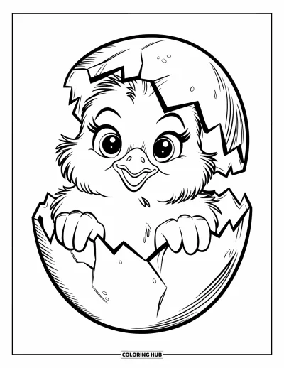 Coloriage de poulet pour enfants : Un poussin aux grands yeux qui sort d'une coquille d'œuf fissurée