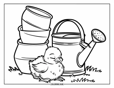 Coloriage de poulet pour enfants : Un poussin aux yeux fermés près d'un arrosoir et de pots empilés