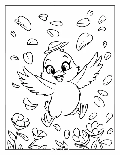 Coloriage de poulet pour enfants : Un poussin aux ailes déployées avec des pétales de fleurs et un petit chapeau
