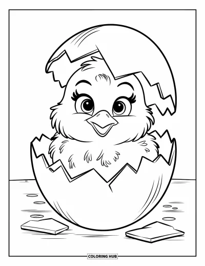 Coloriage de poulet pour enfants : Un poussin aux grands yeux ronds qui sort d'un œuf fissuré sur un fond épuré