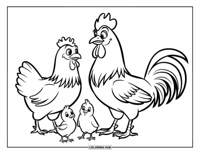 Coloriage de poulet pour enfants : Une famille de poulets qui se promène ensemble avec des contours épais et des espaces blancs