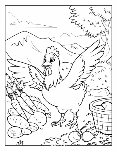 Coloriage de poulet pour enfants : Un poulet qui bat des ailes près de légumes et d'un panier dans un décor de montagne