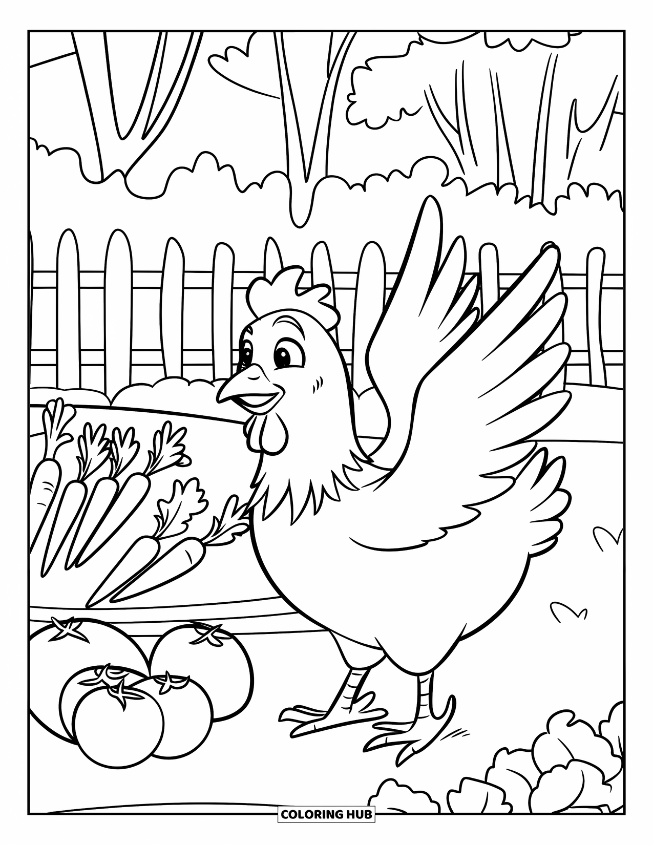 Chicken Coloring Page for Kids: Chicken flapping wings near a garden with carrots and lettuce