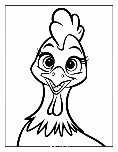 Coloriage de poulet pour enfants : Une tête de poulet avec crête et grands yeux dessinée dans un style simple