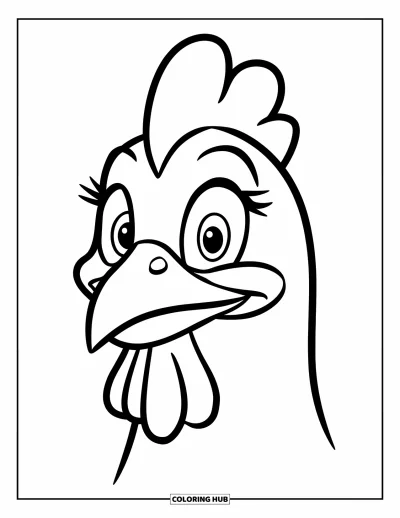 Coloriage de poulet pour enfants : Une tête de poulet aux grands yeux avec une expression gaie et simple