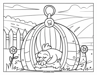 Coloriage de poulet pour enfants : Un poulet au repos dans un poulailler rond près de fleurs et d'une barrière en bois
