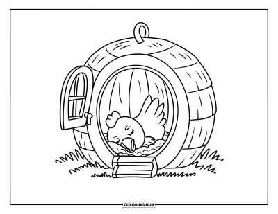 Coloriage de poulet pour enfants : Un poulet endormi dans un poulailler rond et douillet avec un champ paisible dehors