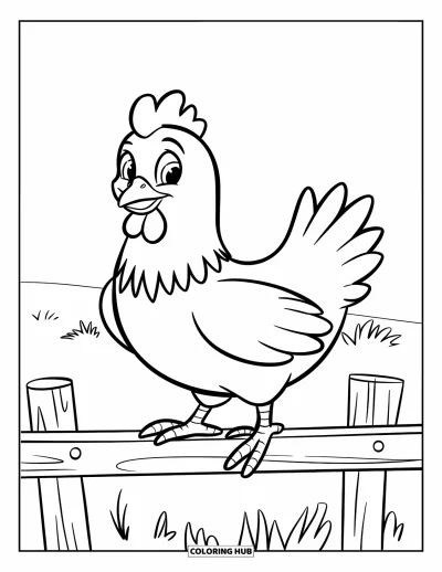 Coloriage de poulet pour enfants : Un poulet bien rond debout et joyeux sur une clôture de ferme