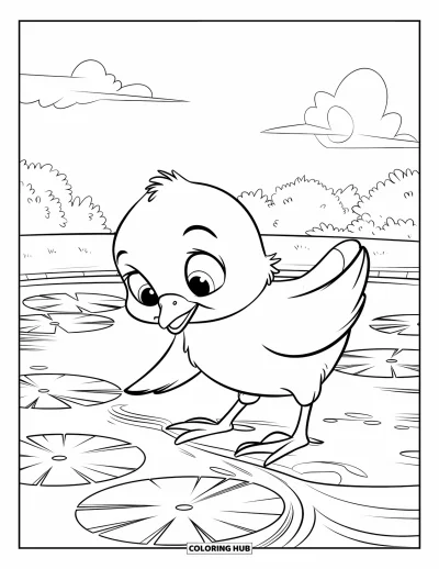 Coloriage de poulet pour enfants : Un poussin curieux debout sur un nénuphar au bord d'un étang calme