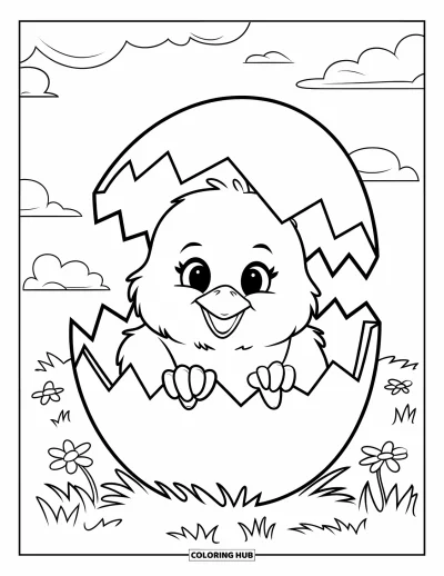 Coloriage de poulet pour enfants : Un mignon poussin dans un œuf fissuré entouré d'herbe, de fleurs et de nuages