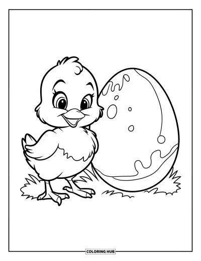 Coloriage de poulet pour enfants : Un poussin duveteux à côté d'un œuf blanc dans l'herbe, prêt à explorer