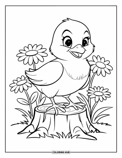Coloriage de poulet pour enfants : Un poussin tout duveteux perché sur une souche entourée de marguerites