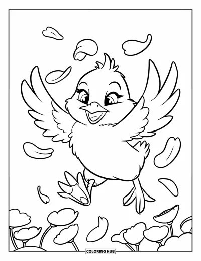Coloriage de poulet pour enfants : Un poussin duveteux qui joue avec des pétales de fleurs tombant doucement