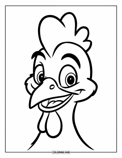 Coloriage de poulet pour enfants : Un visage de poulet souriant avec crête et contours nets et épais