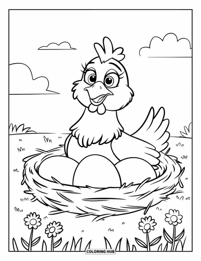 Coloriage de poulet pour enfants : Une heureuse poule assise dans un nid avec trois grands œufs dans l'herbe