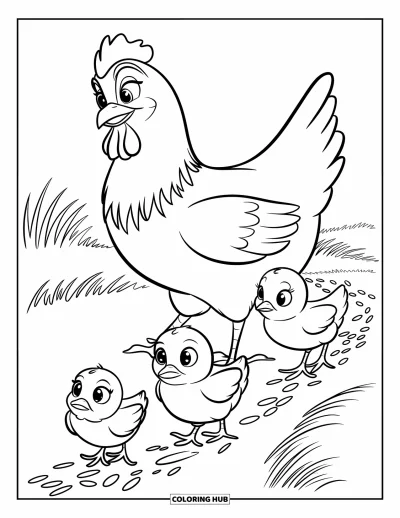 Coloriage de poulet pour enfants : Une poule et ses poussins suivent une piste de grains dans un champ au style vintage