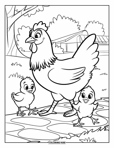 Coloriage de poulet pour enfants : Une poule et ses poussins qui traversent un chemin de pierres dans l'herbe