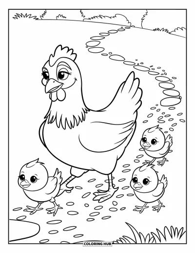 Coloriage de poulet pour enfants : Une poule et ses poussins sur un chemin avec des grains éparpillés et de l'herbe verte