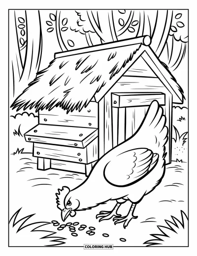 Coloriage de poulet pour enfants : Une poule qui mange des grains près d'un poulailler entouré de grands arbres