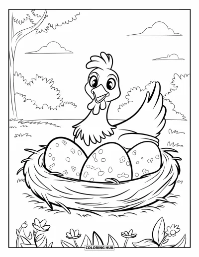 Coloriage de poulet pour enfants : Une poule dans un nid avec des œufs tachetés, entourée de fleurs et de feuilles