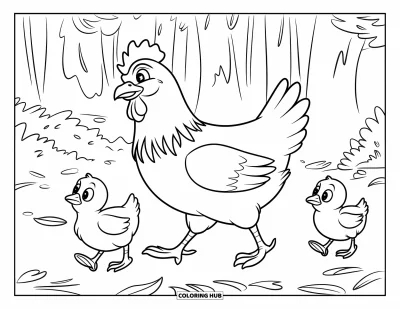 Coloriage de poulet pour enfants : Une poule qui guide ses poussins à travers des feuilles mortes dans une scène de forêt