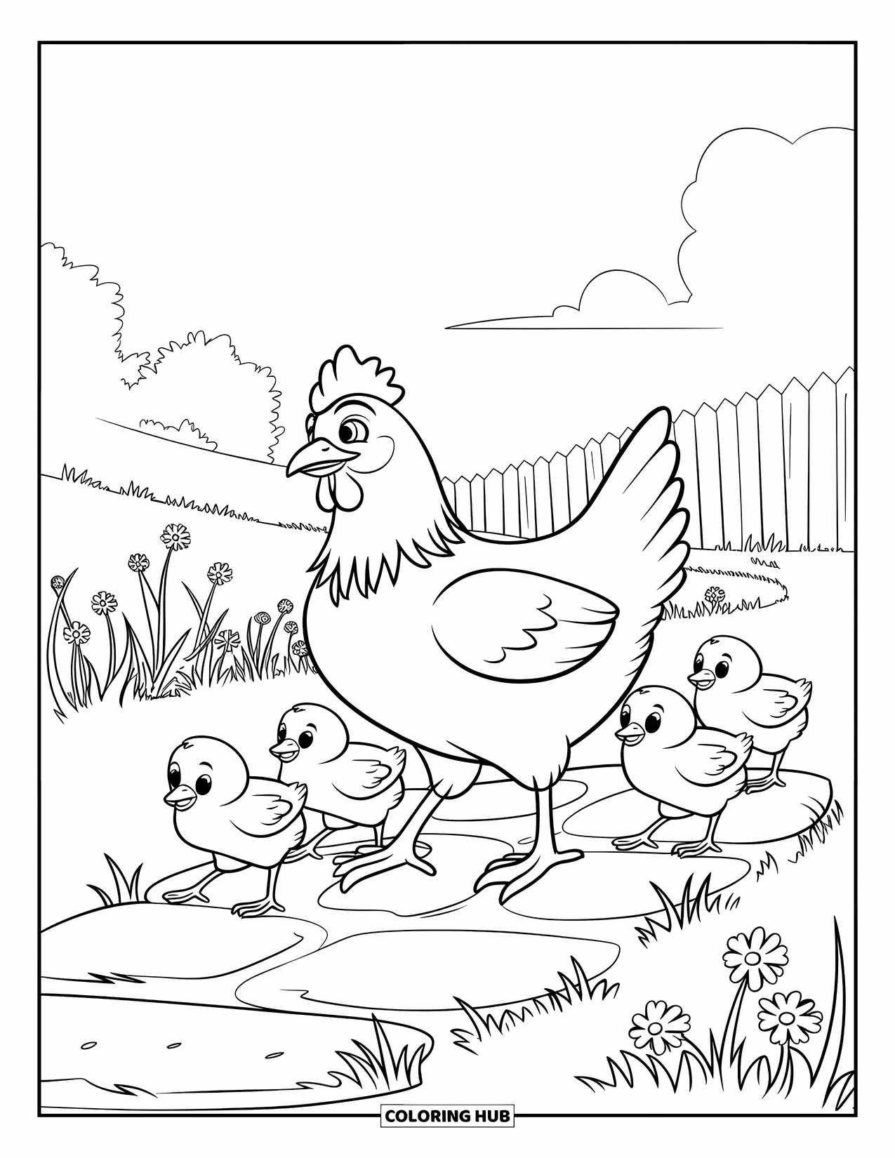Chicken Coloring Page for Kids: Hen leads her chicks across a path with flowers and a wooden fence