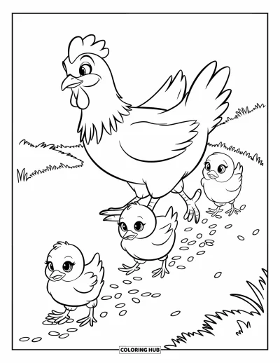 Coloriage de poulet pour enfants : Une poule qui guide trois poussins sur une piste de grains dans un champ verdoyant