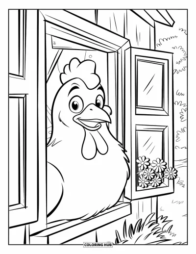 Coloriage de poulet pour enfants : Une poule qui regarde par une fenêtre encadrée de fleurs et entourée d'arbres