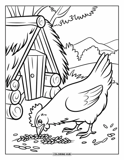 Coloriage de poulet pour enfants : Une poule qui picore des grains près d'un petit poulailler en bois