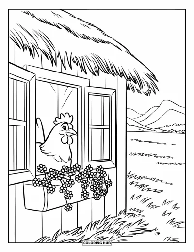 Coloriage de poulet pour enfants : Une poule qui regarde par la fenêtre d'une grange avec des fleurs sur le rebord