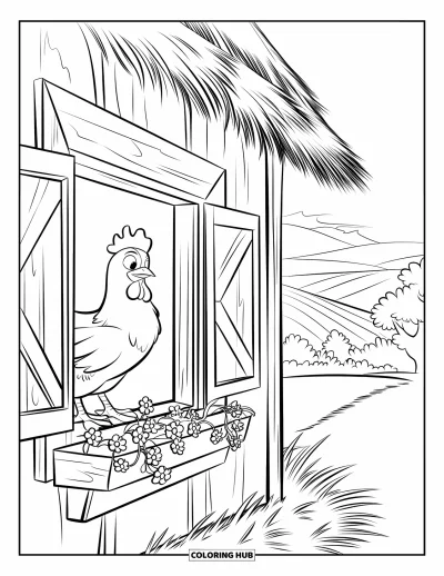 Coloriage de poulet pour enfants : Une poule qui regarde par la fenêtre d'une grange avec des collines et des arbres en arrière-plan