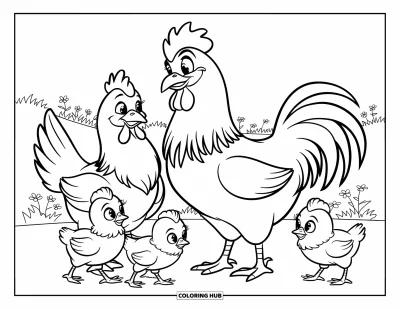 Coloriage de poulet pour enfants : Une poule, un coq et des poussins qui explorent un champ plein de fleurs