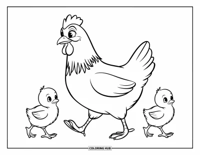 Coloriage de poulet pour enfants : Une poule qui marche avec deux poussins qui la suivent