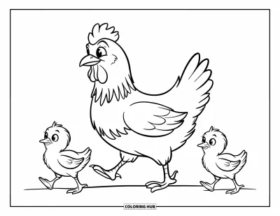 Coloriage de poulet pour enfants : Une poule avec deux poussins marchant sur un sol dégagé avec des contours nets