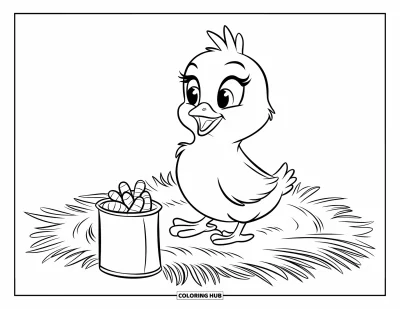 Coloriage de poulet pour enfants : Un poussin espiègle assis sur du foin avec une boîte de vers à côté