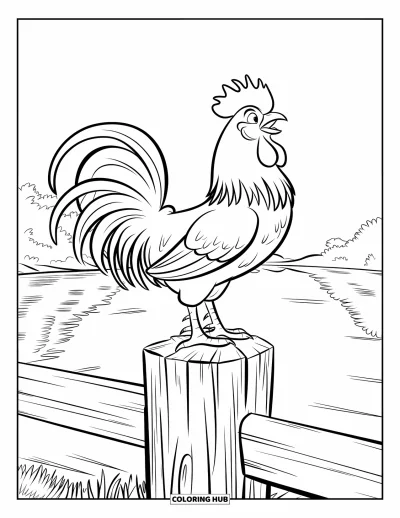 Coloriage de poulet pour enfants : Un coq qui chante au bord d'un lac à l'aube