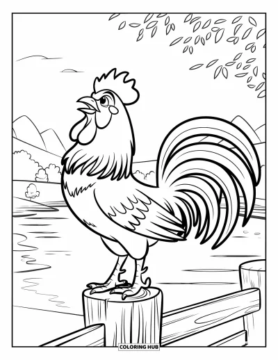 Coloriage de poulet pour enfants : Un coq perché sur un piquet de clôture qui chante à l'aube