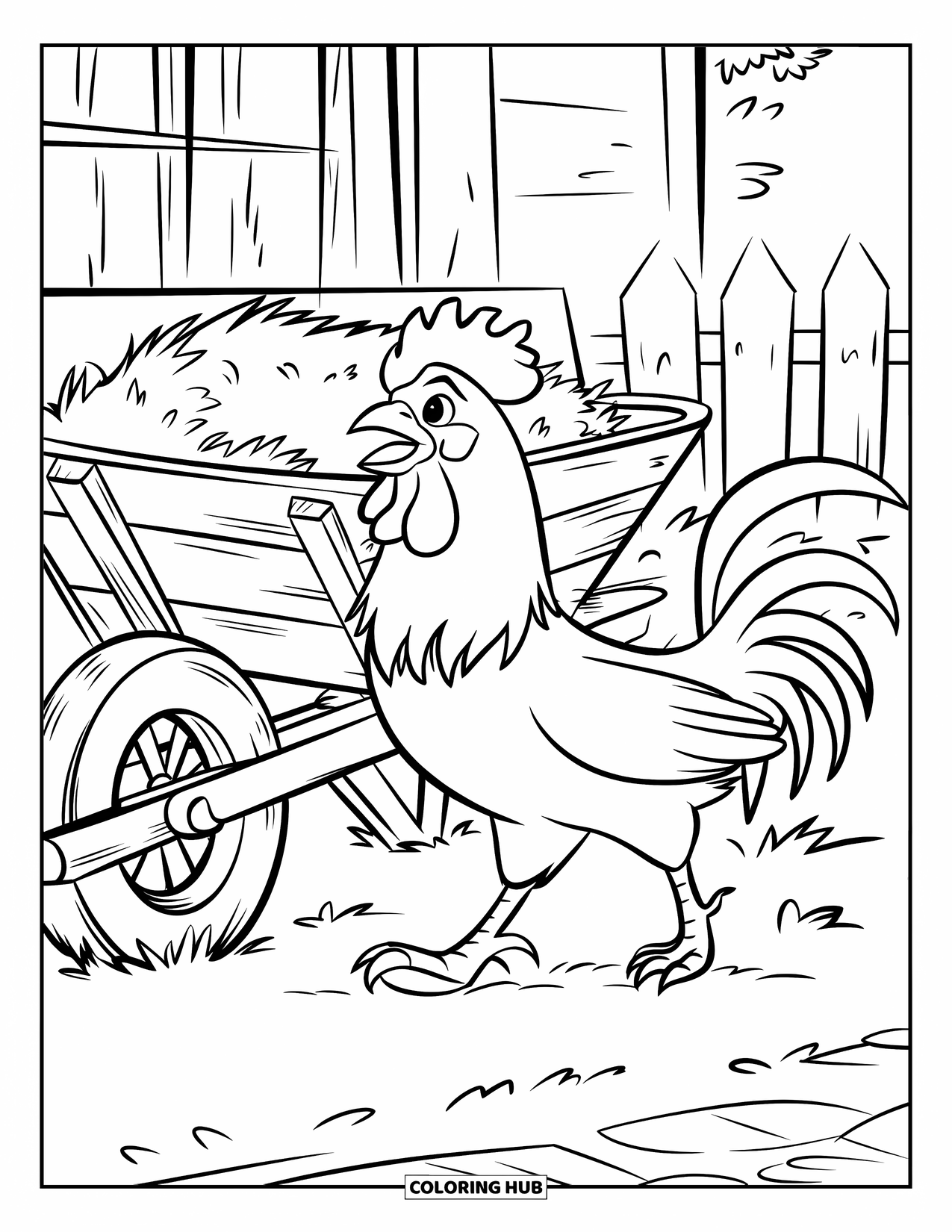 Chicken Coloring Page for Kids: Rooster walking past a rustic wheelbarrow in a cozy outdoor scene